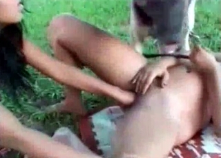 Dog licks and poudns her wet shaved vagina