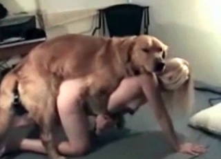 Amazing blonde doll and her muscled retriever