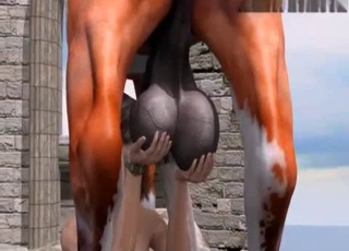 Busty 3D chick jerks off a massive stallion dick